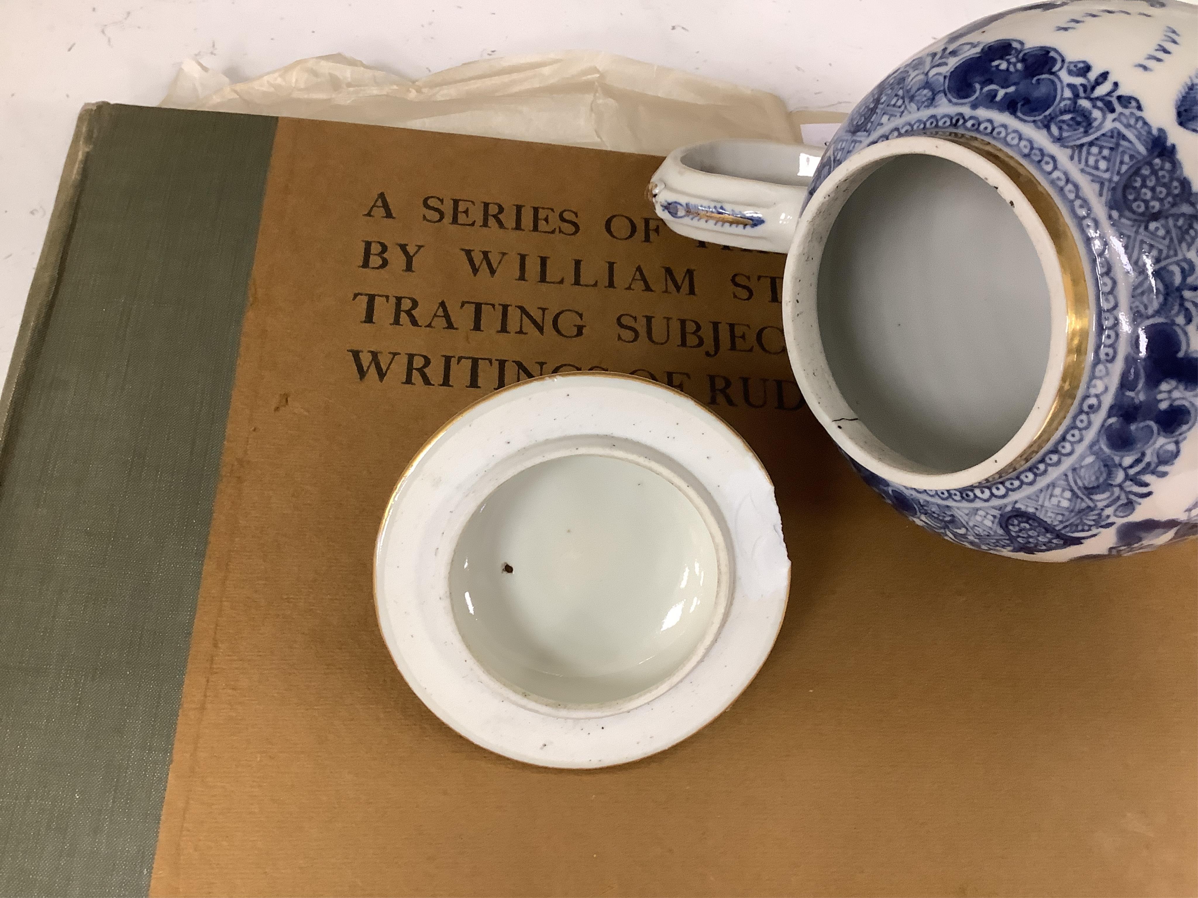 A Chinese blue and white teapot and cover, a prunus dish and an Imari patterned dish, all 18th century, teapot 19cm high. Condition - prunus dish and teapot cover chipped
